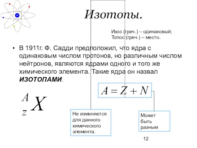 Изотопы. В 1911г. Ф. Садди предположил, что ядра с одинаковым числом протонов,