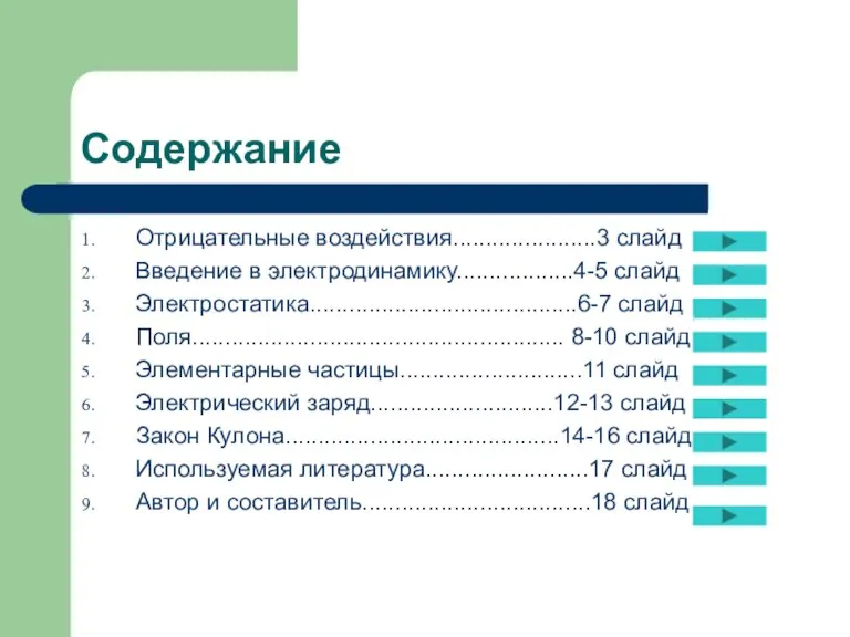 Содержание Отрицательные воздействия......................3 слайд Введение в электродинамику..................4-5 слайд Электростатика.........................................6-7 слайд Поля......................................................... 8-10