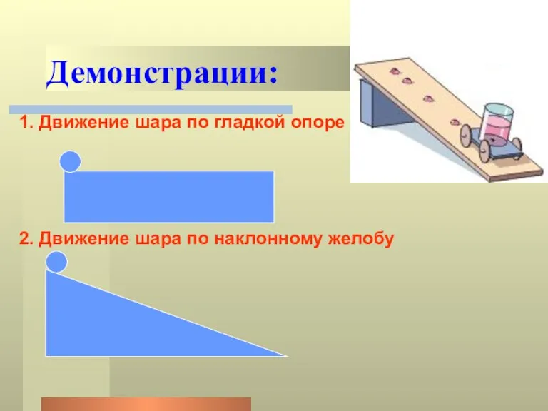 Демонстрации: 1. Движение шара по гладкой опоре 2. Движение шара по наклонному желобу