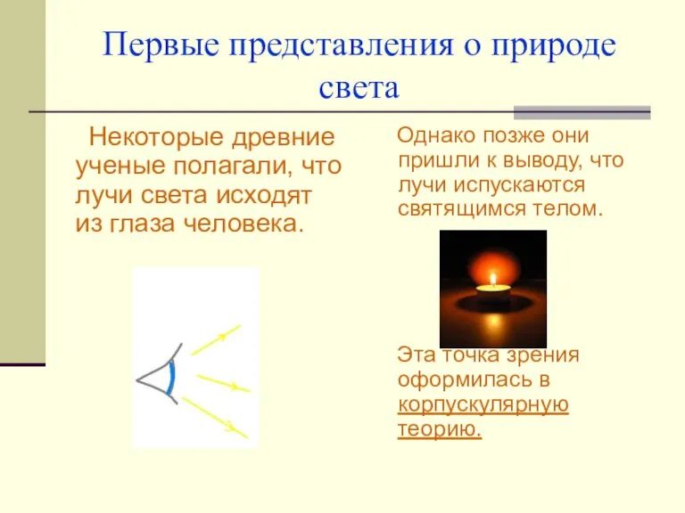 Первые представления о природе света Некоторые древние ученые полагали, что лучи света