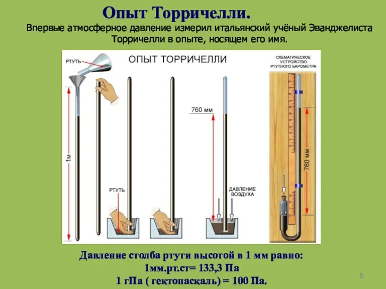 Опыт Торричелли. Впервые атмосферное давление измерил итальянский учёный Эванджелиста Торричелли в опыте,