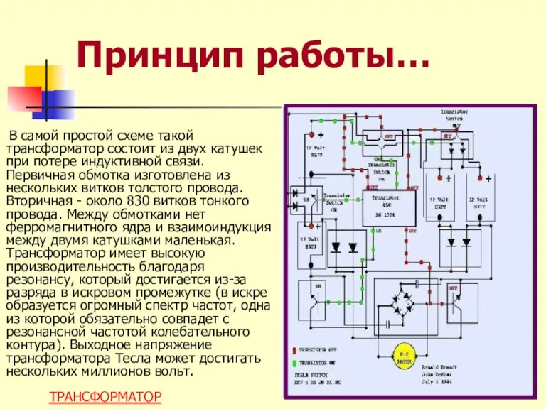 Принцип работы… В самой простой схеме такой трансформатор состоит из двух катушек