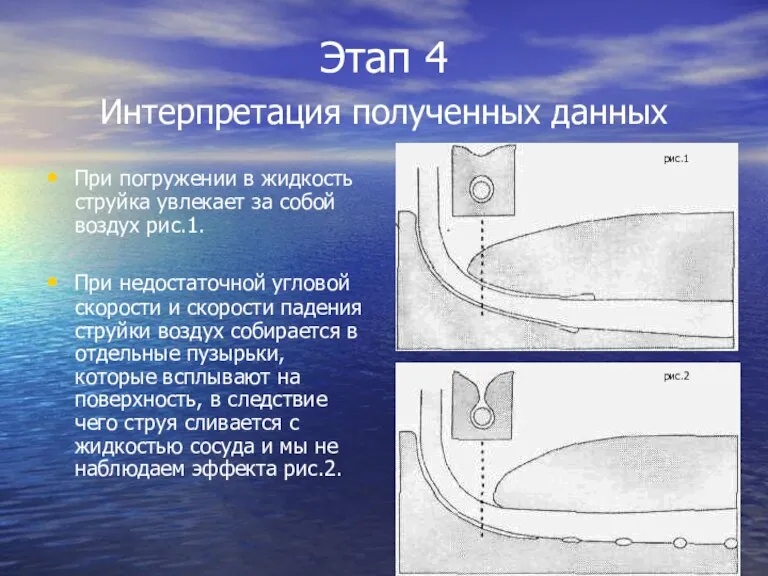 Этап 4 Интерпретация полученных данных При погружении в жидкость струйка увлекает за