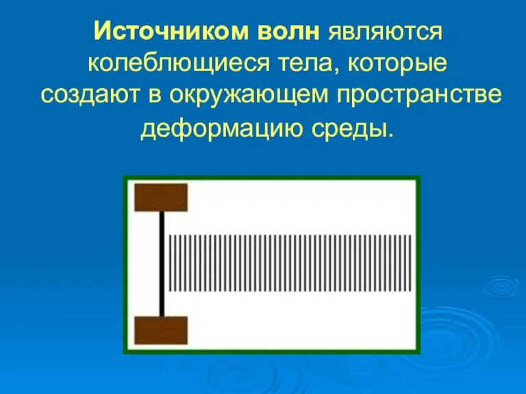 Источником волн являются колеблющиеся тела, которые создают в окружающем пространстве деформацию среды.