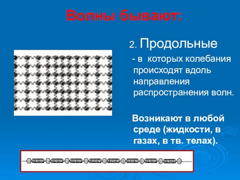 Волны бывают: 2. Продольные - в которых колебания происходят вдоль направления распространения