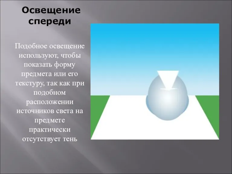 Освещение спереди Подобное освещение используют, чтобы показать форму предмета или его текстуру,