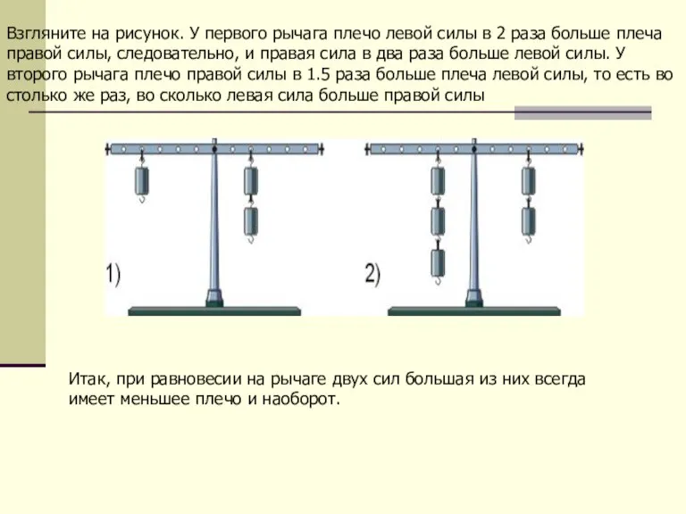 Взгляните на рисунок. У первого рычага плечо левой силы в 2 раза