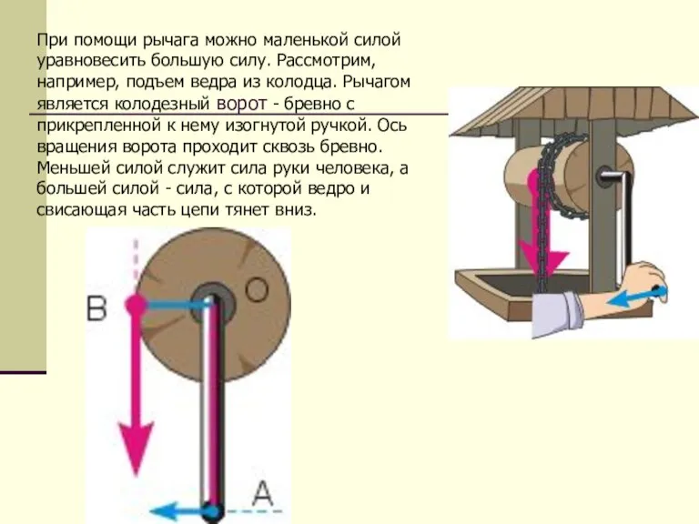 При помощи рычага можно маленькой силой уравновесить большую силу. Рассмотрим, например, подъем