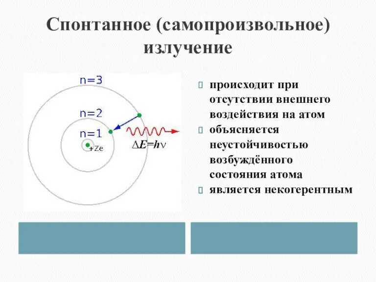 Спонтанное (самопроизвольное) излучение происходит при отсутствии внешнего воздействия на атом объясняется неустойчивостью