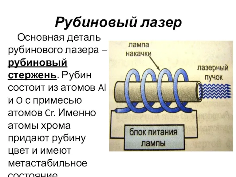 Рубиновый лазер Основная деталь рубинового лазера – рубиновый стержень. Рубин состоит из