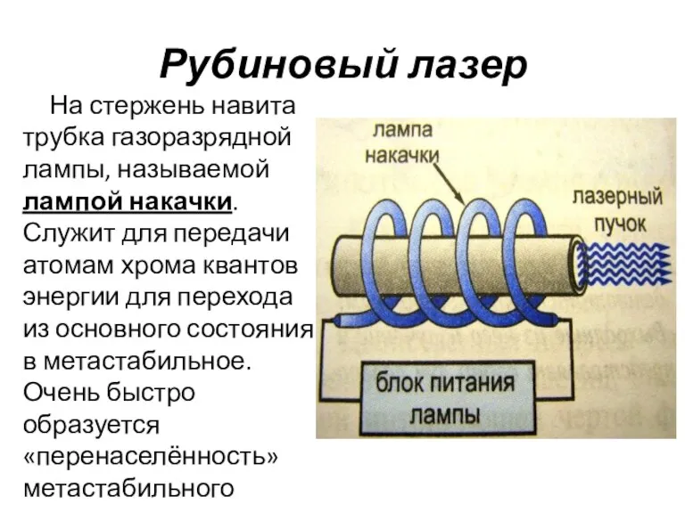 Рубиновый лазер На стержень навита трубка газоразрядной лампы, называемой лампой накачки. Служит