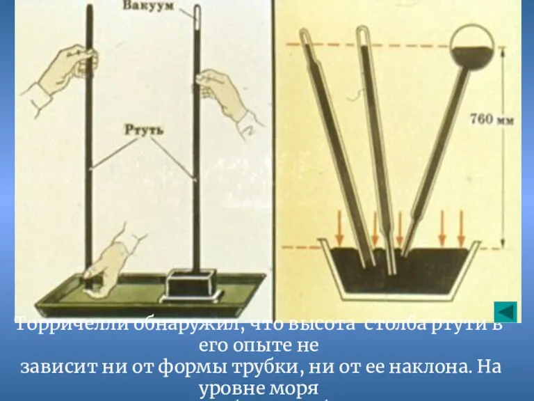 Торричелли обнаружил, что высота столба ртути в его опыте не зависит ни