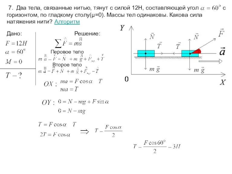 7. Два тела, связанные нитью, тянут с силой 12Н, составляющей угол с