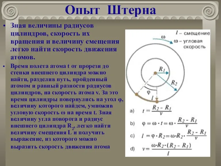 Опыт Штерна Зная величины радиусов цилиндров, скорость их вращения и величину смещения