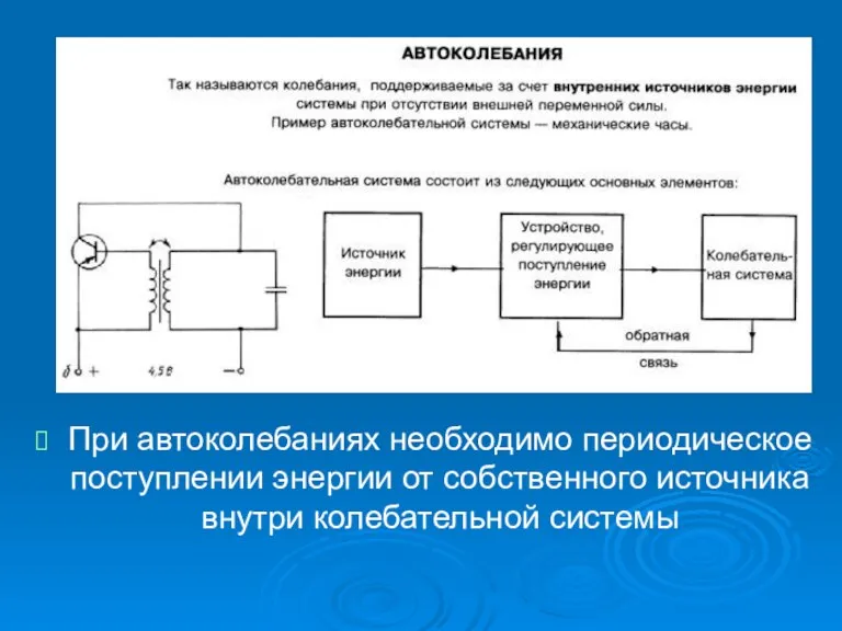 При автоколебаниях необходимо периодическое поступлении энергии от собственного источника внутри колебательной системы