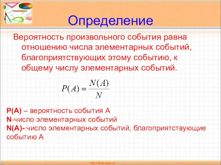 Определение Вероятность произвольного события равна отношению числа элементарных событий, благоприятствующих этому событию,