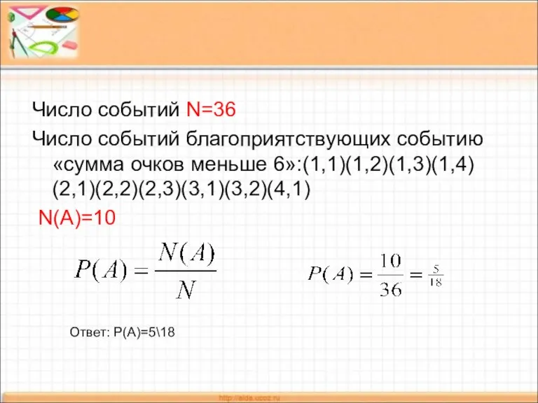 Число событий N=36 Число событий благоприятствующих событию «сумма очков меньше 6»:(1,1)(1,2)(1,3)(1,4) (2,1)(2,2)(2,3)(3,1)(3,2)(4,1) N(A)=10 Ответ: Р(А)=5\18