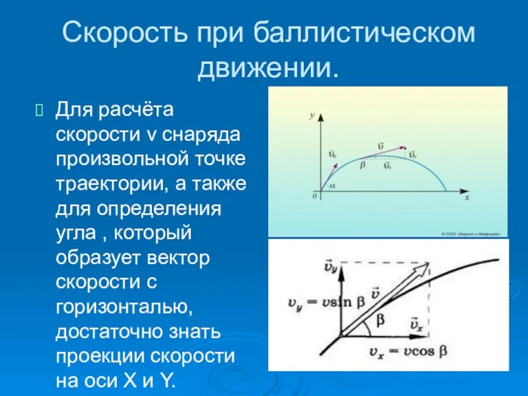 Скорость при баллистическом движении. Для расчёта скорости v снаряда произвольной точке траектории,