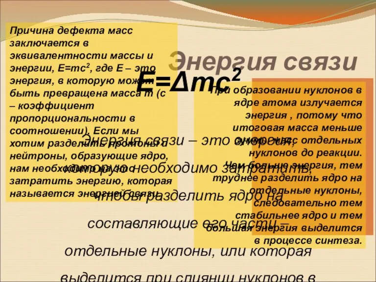 Энергия связи Причина дефекта масс заключается в эквивалентности массы и энергии, E=mc2,