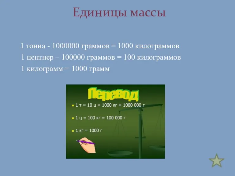 1 тонна - 1000000 граммов = 1000 килограммов 1 центнер – 100000