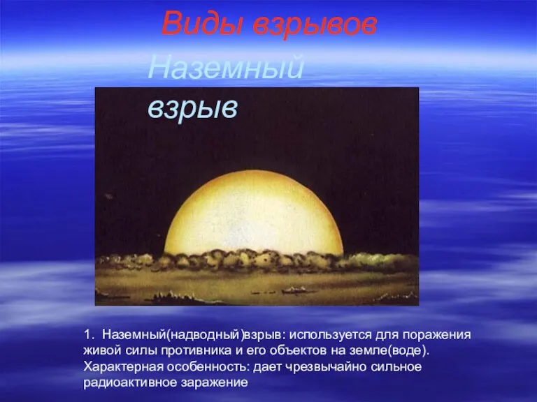 Виды взрывов 1. Наземный(надводный)взрыв: используется для поражения живой силы противника и его