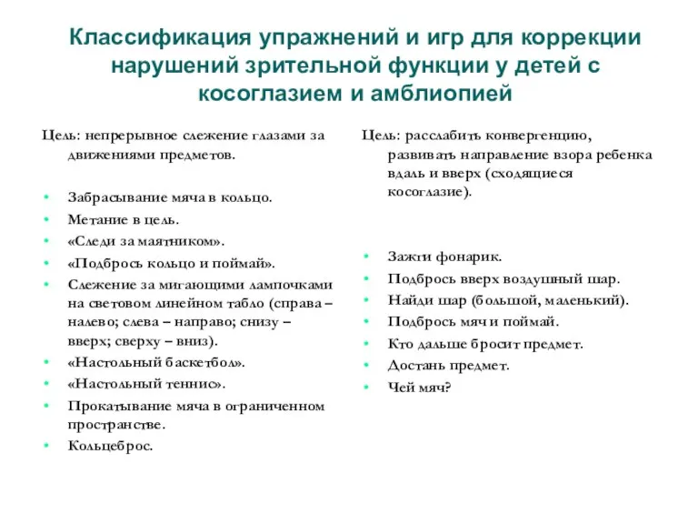 Классификация упражнений и игр для коррекции нарушений зрительной функции у детей с