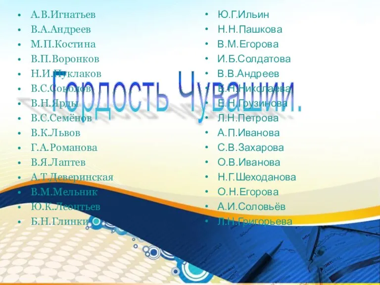 Гордость Чувашии. А.В.Игнатьев В.А.Андреев М.П.Костина В.П.Воронков Н.И.Пуклаков В.С.Соколов В.Н.Ярды В.С.Семёнов В.К.Львов Г.А.Романова