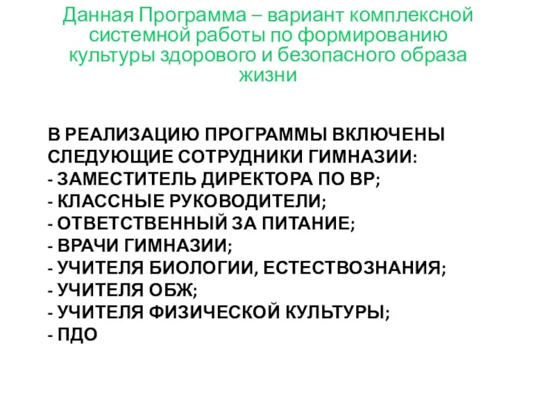 В РЕАЛИЗАЦИЮ ПРОГРАММЫ ВКЛЮЧЕНЫ СЛЕДУЮЩИЕ СОТРУДНИКИ ГИМНАЗИИ: - ЗАМЕСТИТЕЛЬ ДИРЕКТОРА ПО ВР;