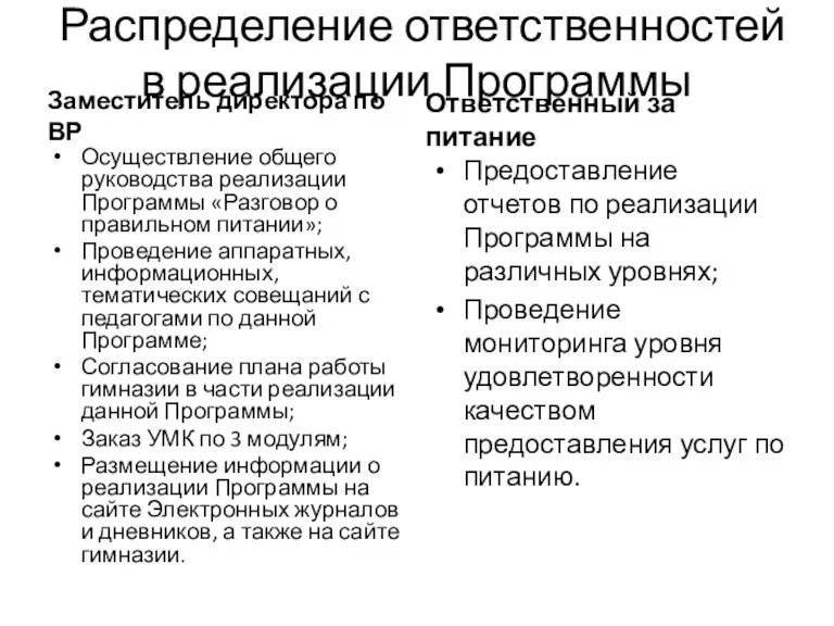 Распределение ответственностей в реализации Программы Заместитель директора по ВР Осуществление общего руководства