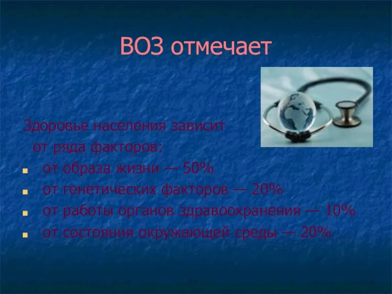 ВОЗ отмечает Здоровье населения зависит от ряда факторов: от образа жизни —