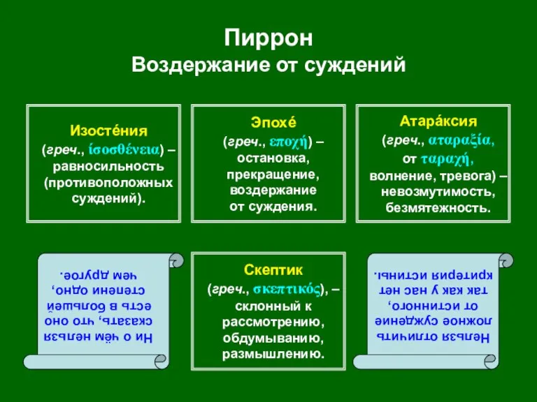 Пиррон Воздержание от суждений Эпохé (греч., εποχή) – остановка, прекращение, воздержание от