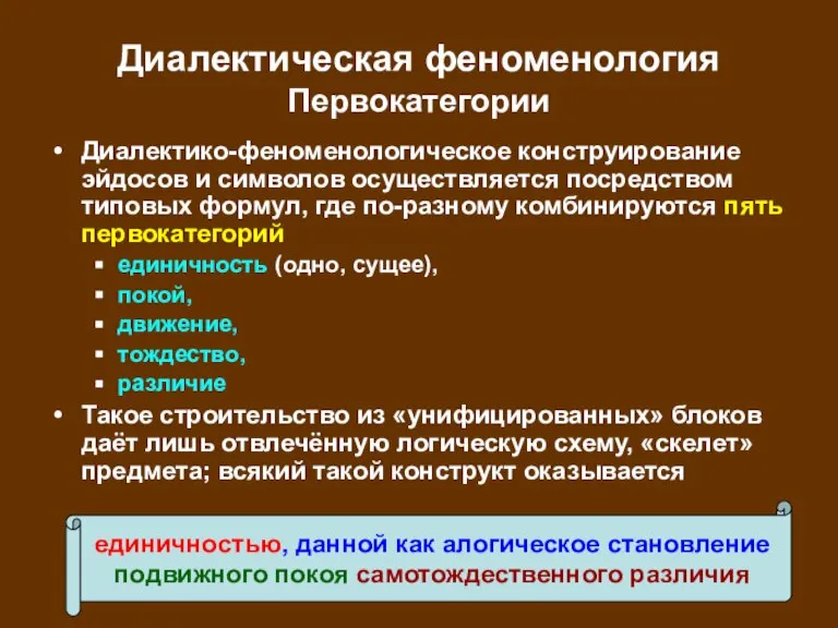 Диалектическая феноменология Первокатегории Диалектико-феноменологическое конструирование эйдосов и символов осуществляется посредством типовых формул,