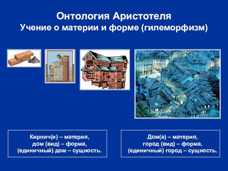 Онтология Аристотеля Учение о материи и форме (гилеморфизм) Кирпич(и) – материя, дом