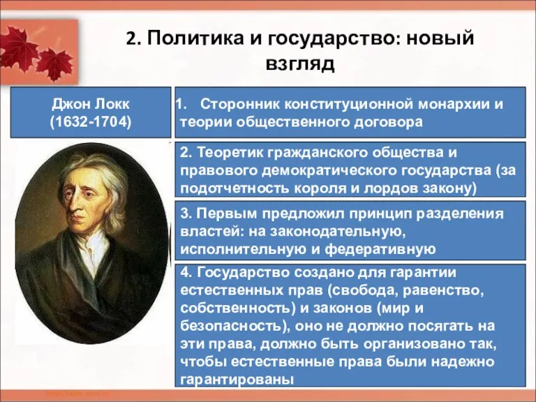 2. Политика и государство: новый взгляд Джон Локк (1632-1704) Сторонник конституционной монархии