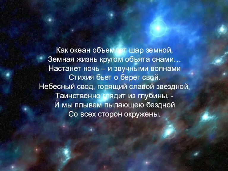 Как океан объемлет шар земной, Земная жизнь кругом объята снами… Настанет ночь