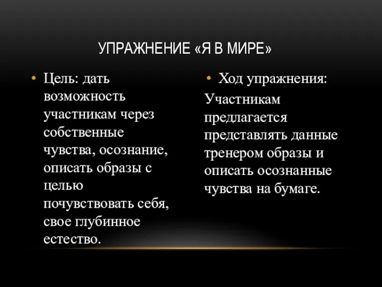 Цель: дать возможность участникам через собственные чувства, осознание, описать образы с целью