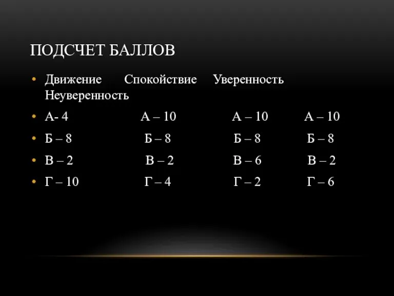 ПОДСЧЕТ БАЛЛОВ Движение Спокойствие Уверенность Неуверенность А- 4 А – 10 А