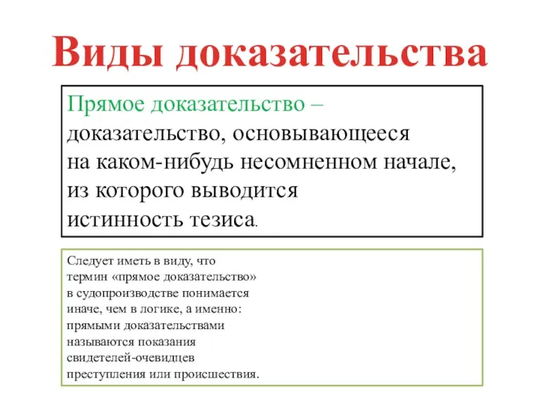 Виды доказательства Прямое доказательство – доказательство, основывающееся на каком-нибудь несомненном начале, из