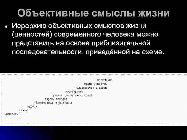 Объективные смыслы жизни Иерархию объективных смыслов жизни (ценностей) современного человека можно представить