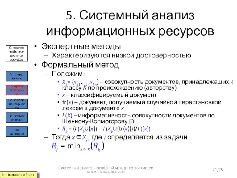 5. Системный анализ информационных ресурсов Экспертные методы Характеризуются низкой достоверностью Формальный метод