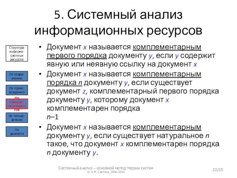 5. Системный анализ информационных ресурсов Документ x называется комплементарным первого порядка документу