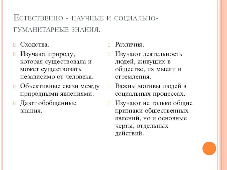 Естественно - научные и социально-гуманитарные знания. Сходства. Изучают природу, которая существовала и