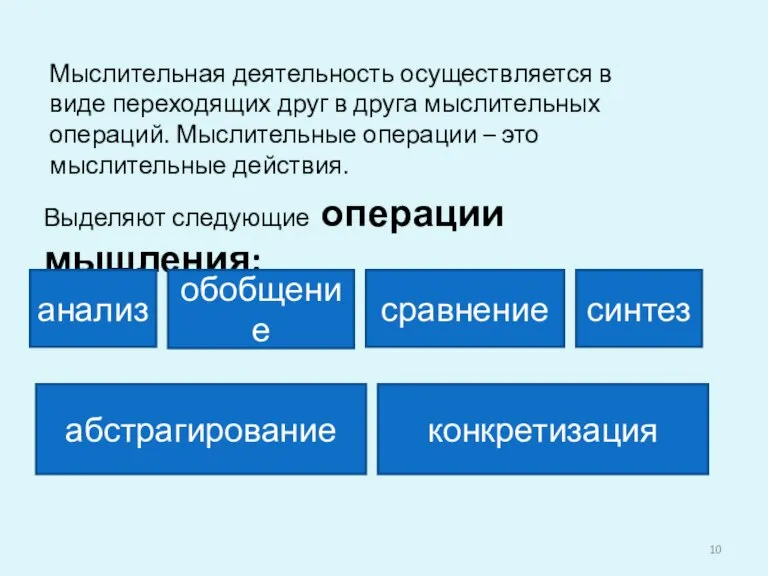 Мыслительная деятельность осуществляется в виде переходящих друг в друга мыслительных операций. Мыслительные