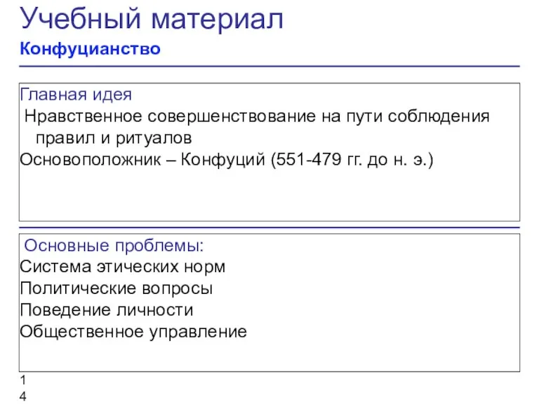 Главная идея Нравственное совершенствование на пути соблюдения правил и ритуалов Основоположник –