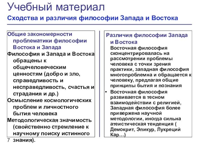 Различия философии Запада и Востока Восточная философия сконцентрировалась на рассмотрении проблемы человека