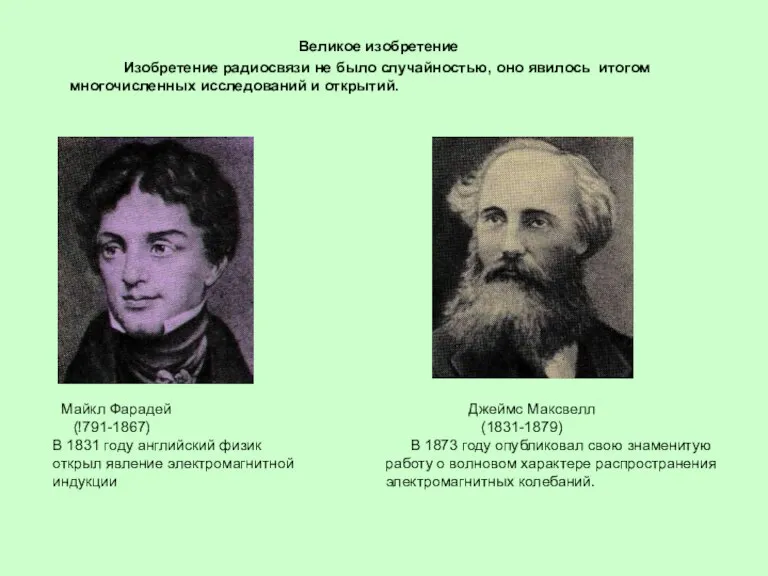 Великое изобретение Изобретение радиосвязи не было случайностью, оно явилось итогом многочисленных исследований