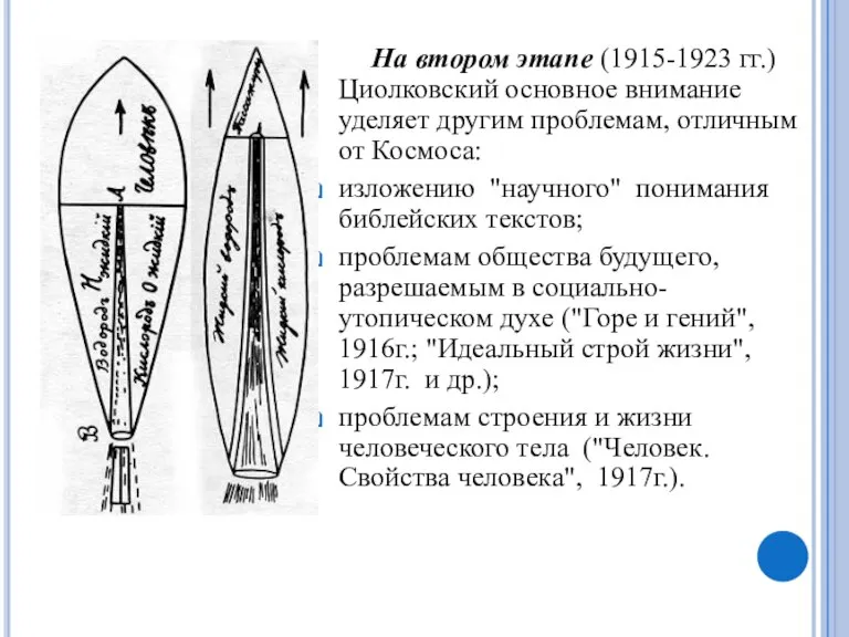 На втором этапе (1915-1923 гг.) Циолковский основное внимание уделяет другим проблемам, отличным
