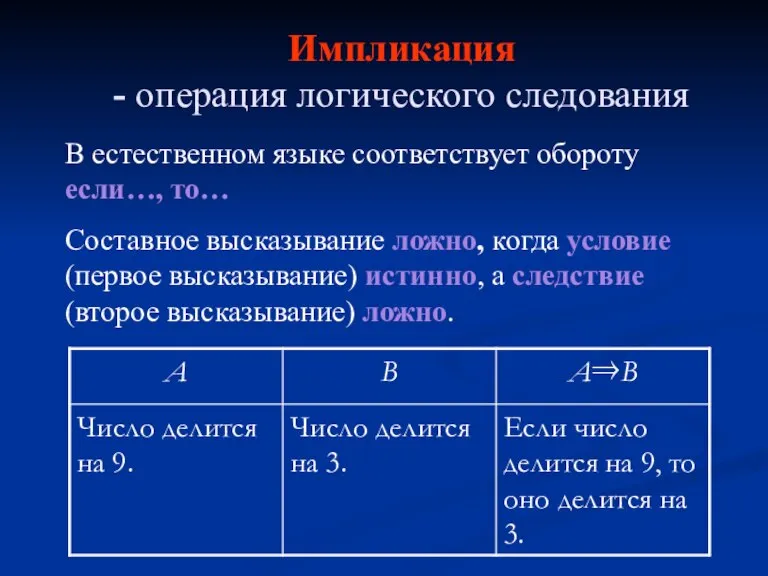 Импликация - операция логического следования В естественном языке соответствует обороту если…, то…