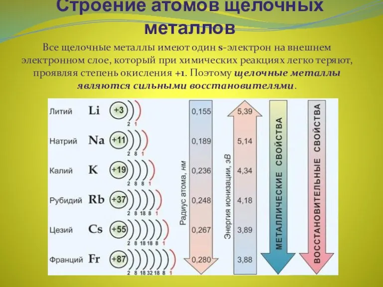 Строение атомов щелочных металлов Все щелочные металлы имеют один s-электрон на внешнем