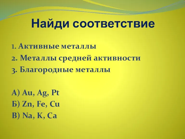 Найди соответствие 1. Активные металлы 2. Металлы средней активности 3. Благородные металлы